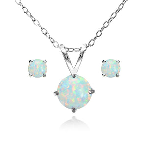 925 Silver Simulated White Opal Round Solitaire Necklace& Stud Earrings Set - mommyfanatic