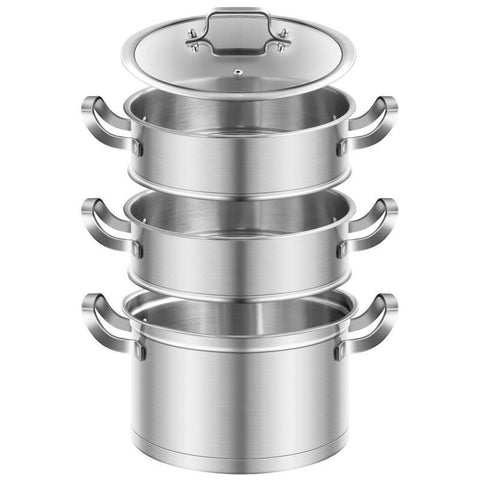 Image of Stainless Steel 3 Tier Steamer Pot Large With Lid 2 x 2.3 QT