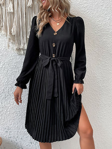 Women's Long Sleeve Pleated Lace Up Dress - Black
