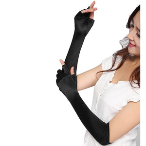 Gothic gloves - Gothic fingerless satin gloves elbow length for women goth punk clothing - black - mommyfanatic