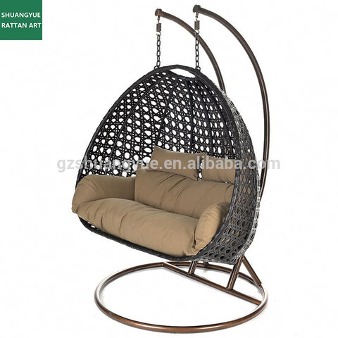 Image of Two persons double seats garden furniture outdoor rattan patio hanging swing chair with stand - mommyfanatic
