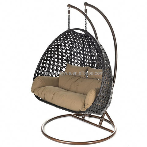 Image of Two persons double seats garden furniture outdoor rattan patio hanging swing chair with stand - mommyfanatic