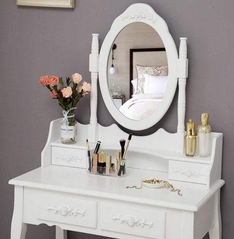 Image of White Vanity Makeup Table Set Wood Desk Bench W/4 Drawers