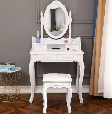 Image of White Vanity Makeup Table Set Wood Desk Bench W/4 Drawers
