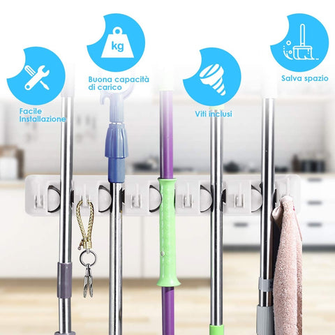 Image of Wall-Mounted Mop & Broom Hanger With 5 Positions
