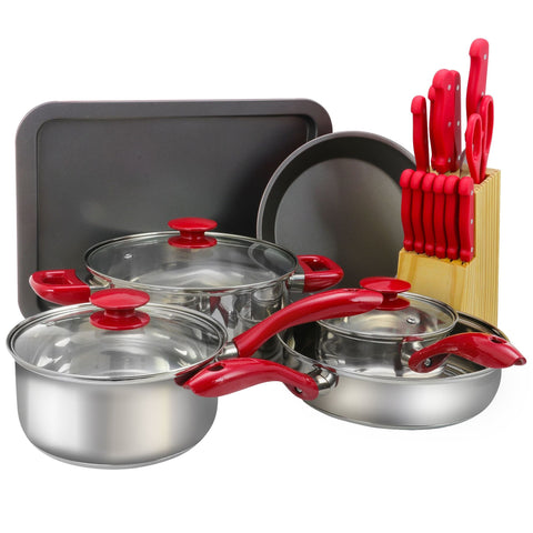 Image of Megachef 22 Piece Aluminum Cookware Combo Set In Red