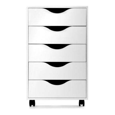 Image of Wood Filing Cabinet 5 Drawer Storage W/Wheels 24 inches High White