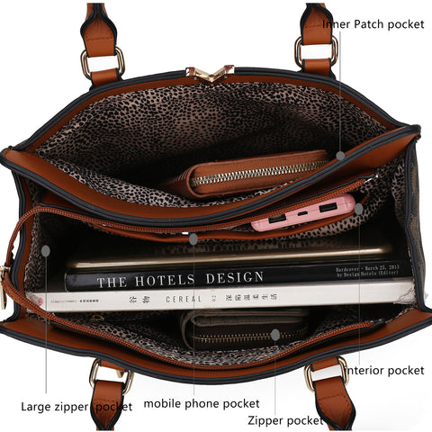 Image of Women's 3 Pc Satchel Crossbody Handbag Leather W/Wristlet Black White