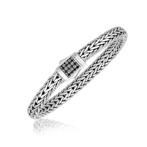 Image of Mens Sterling Silver Bracelet Braided W/Black Sapphire Accents