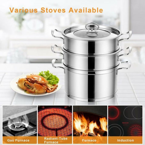 Image of Stainless Steel 3 Tier Steamer Pot Large With Lid 2 x 2.3 QT
