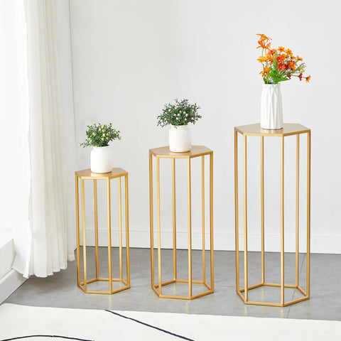 Image of 3 Set Metal Plant Stand Tall Indoor Hexagon 27.55" Gold