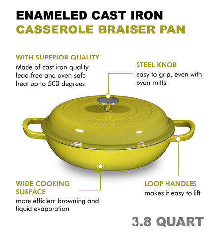 Image of Nonstick Cast Iron Casserole Saucepan W/Lid Enameled - 38-Quart