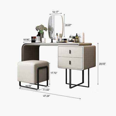 Image of Modern Extendable Makeup Vanity Table with PU Leather;  2 Solid Wood Drawers;  Side Cabinet;  HD Mirror & Upholstered Stool Included