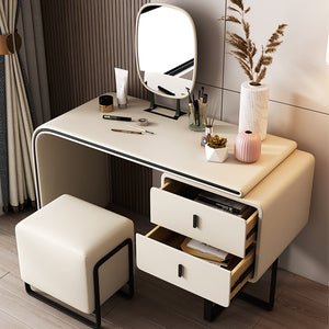 Modern Extendable Makeup Vanity Table with PU Leather;  2 Solid Wood Drawers;  Side Cabinet;  HD Mirror & Upholstered Stool Included