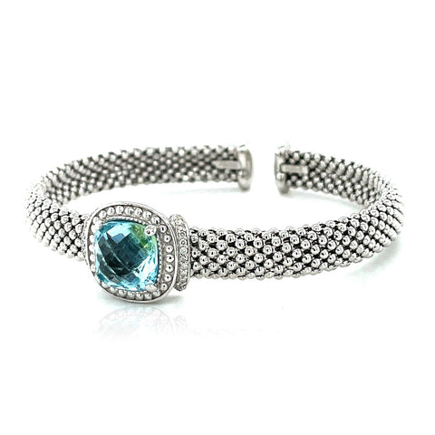 Image of Women's Cuff Bracelet Silver Open Blue Topaz Diamonds Popcorn Texture - mommyfanatic