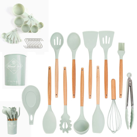 Image of 33pcs Set Wooden Handle Silicone Kitchen Utensils 33 Pieces Set Silicone Spoon Shovel Kitchen Gadgets Set Silicone Kitchen Utensils