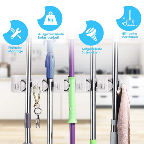 Image of Wall-Mounted Mop & Broom Hanger With 5 Positions