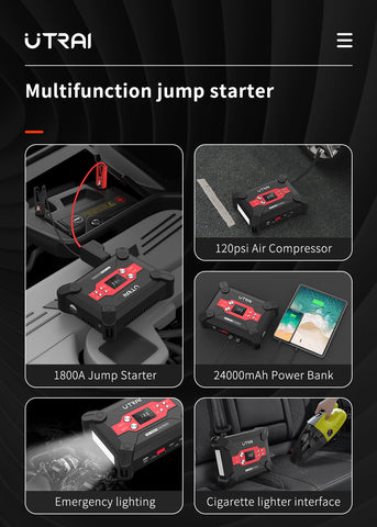 Image of Portable Car Jump Starter Lithium Pack Tire Inflator Gas Diesel 1800A