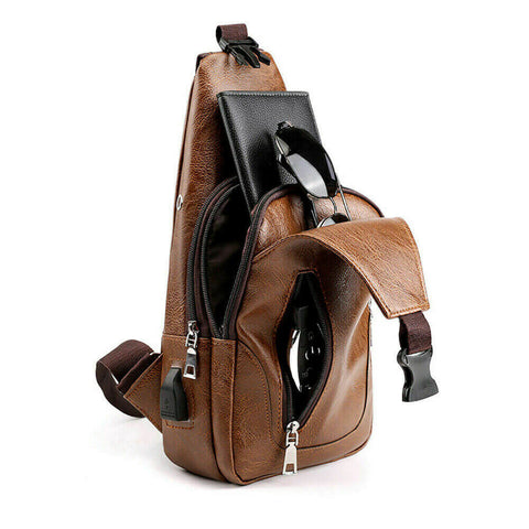 Image of Men Crossbody Sling Backpack With USB Charging Port Waterproof Brown - mommyfanatic