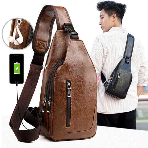 Image of Men Crossbody Sling Backpack With USB Charging Port Waterproof Brown - mommyfanatic