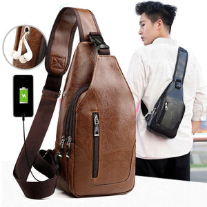 Men Crossbody Sling Backpack With USB Charging Port Waterproof Brown - mommyfanatic
