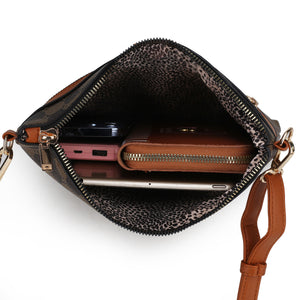 Women's 3 Pc Satchel Crossbody Handbag Leather W/Wristlet Black White
