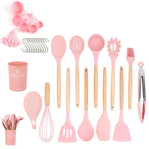 Image of 33pcs Set Wooden Handle Silicone Kitchen Utensils 33 Pieces Set Silicone Spoon Shovel Kitchen Gadgets Set Silicone Kitchen Utensils