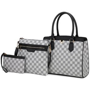 Women's 3 Pc Satchel Crossbody Handbag Leather W/Wristlet Black White