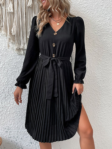 Image of Women's Long Sleeve Pleated Lace Up Dress - Black