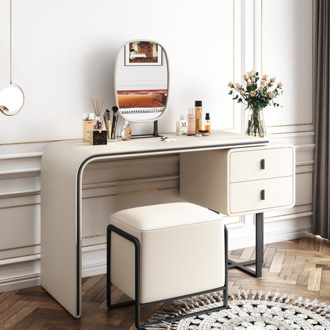 Image of Modern Extendable Makeup Vanity Table with PU Leather;  2 Solid Wood Drawers;  Side Cabinet;  HD Mirror & Upholstered Stool Included