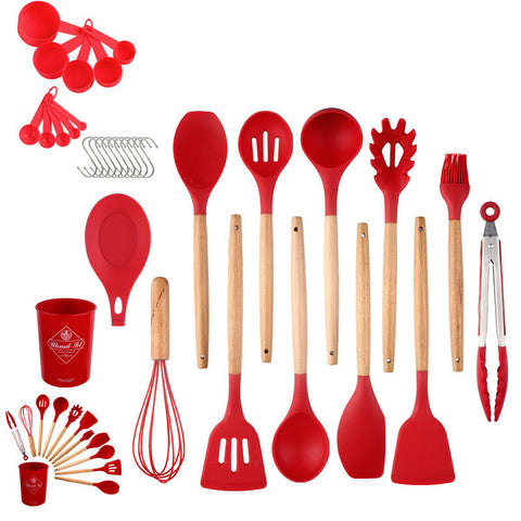 Image of 33pcs Set Wooden Handle Silicone Kitchen Utensils 33 Pieces Set Silicone Spoon Shovel Kitchen Gadgets Set Silicone Kitchen Utensils