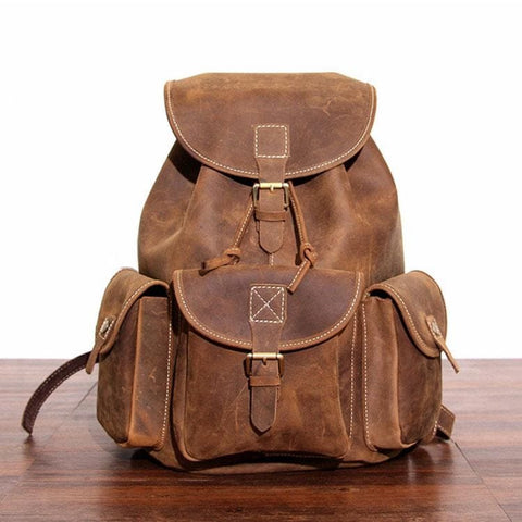 brown leather backpack