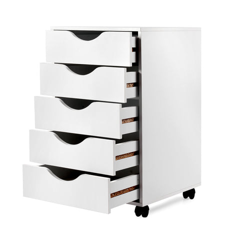 Image of Wood Filing Cabinet 5 Drawer Storage W/Wheels 24 inches High White