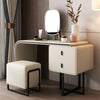 Modern Extendable Makeup Vanity Table with PU Leather;  2 Solid Wood Drawers;  Side Cabinet;  HD Mirror & Upholstered Stool Included