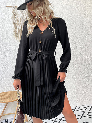 Image of Women's Long Sleeve Pleated Lace Up Dress - Black
