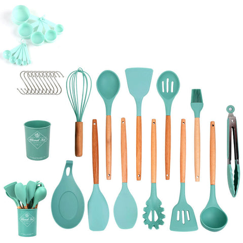 Image of 33pcs Set Wooden Handle Silicone Kitchen Utensils 33 Pieces Set Silicone Spoon Shovel Kitchen Gadgets Set Silicone Kitchen Utensils