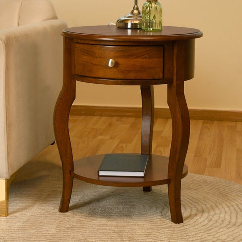 Image of Mid-Century Round End Table Small Wooden W/Drawer Storage Living Room