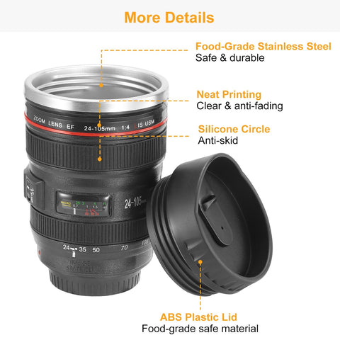 Image of Black Camera Lens Coffee Mug Cup Food-Grade Stainless Steel Travel