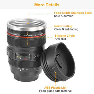 Black Camera Lens Coffee Mug Cup Food-Grade Stainless Steel Travel