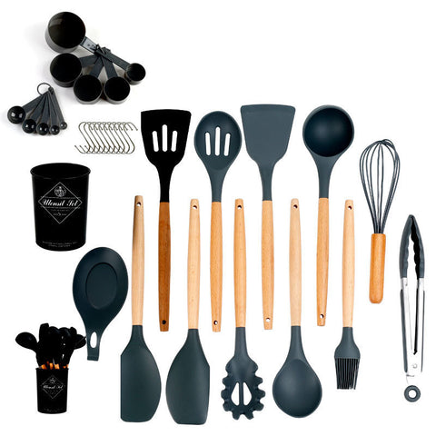 Image of 33pcs Set Wooden Handle Silicone Kitchen Utensils 33 Pieces Set Silicone Spoon Shovel Kitchen Gadgets Set Silicone Kitchen Utensils