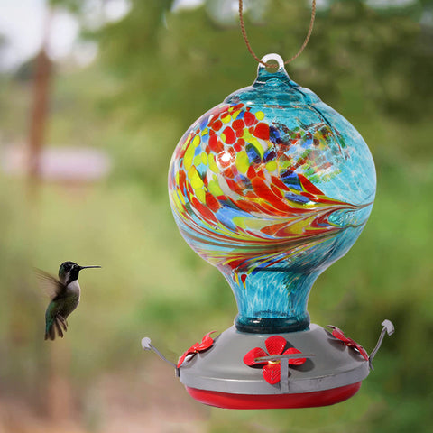 Image of Hummingbird Feeders For Outdoors Hanging; Hand Blown Glass Hummingbird Feeder with Attractive Spiral Pattern For Garden Decor