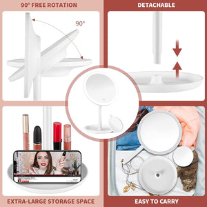 LED Vanity Mirror Light Up Rechargeable W/Detachable Storage Tray