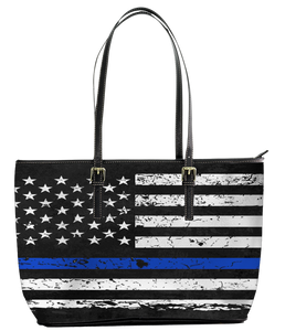 Tote bag - Tote leather handbag large canvas for work & school teaches thin blue line flag apparel wholesale - black - mommyfanatic